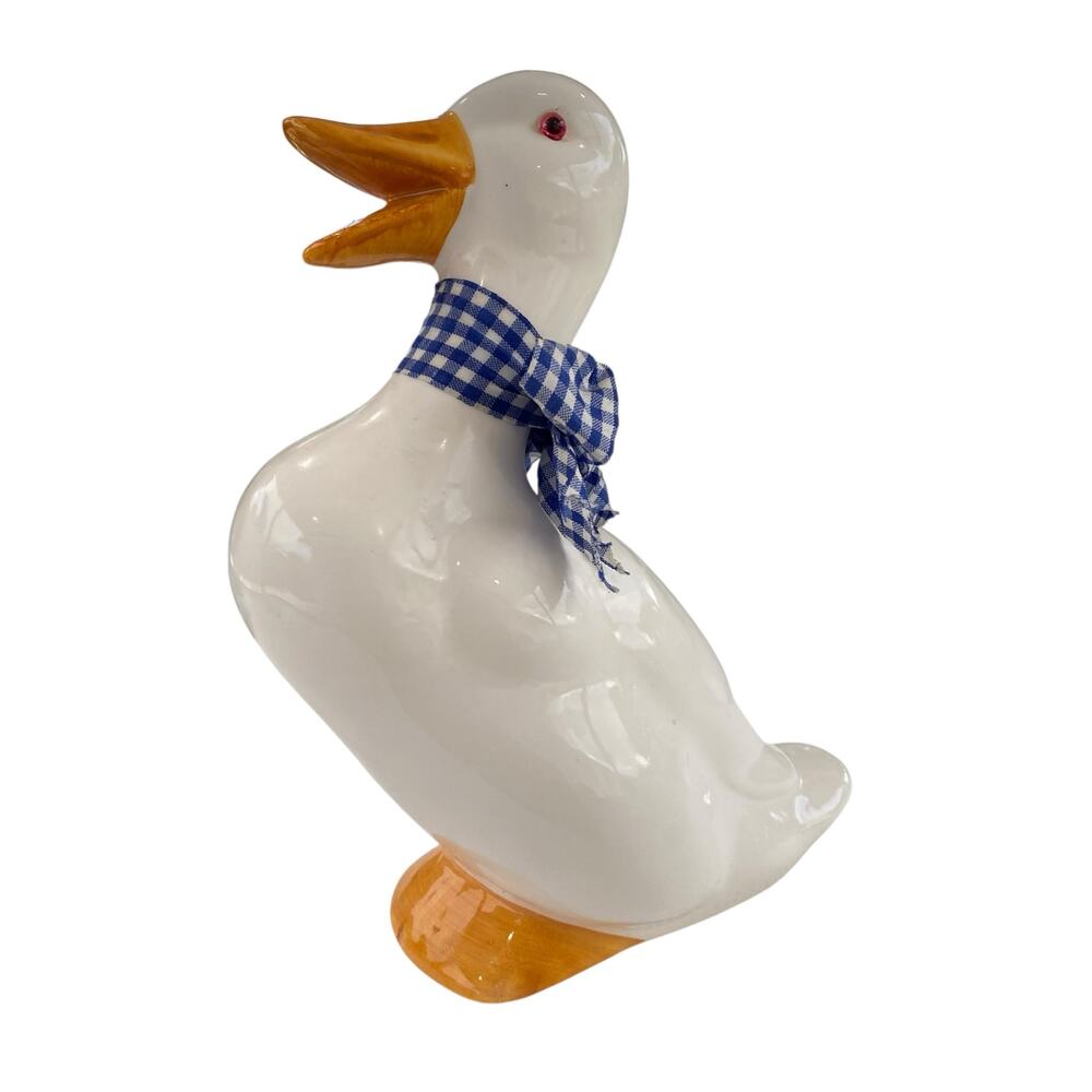 Vintage 9" Tall White Glazed Ceramic Goose with Gingham Ribbons & Red Bead Eyes